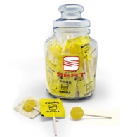 Dimensions: 225x130x90 mm. Ø80 mm.(ouverture)
contenu: a sans remplissage.
b 40 sucettes 5x5.
c 100 bonbons sachet.
personnalisation: sérigraphie.
colisage: carton