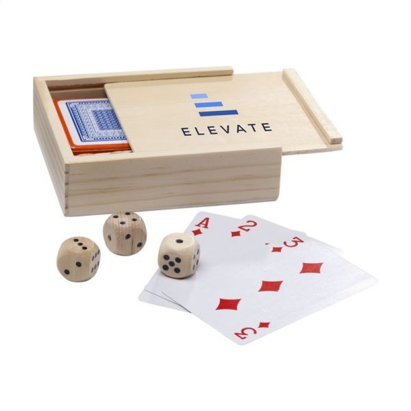 Superbe boitier en bois avec 2 jeux de 54 cartes + 5 dés. Cadeau Idéal