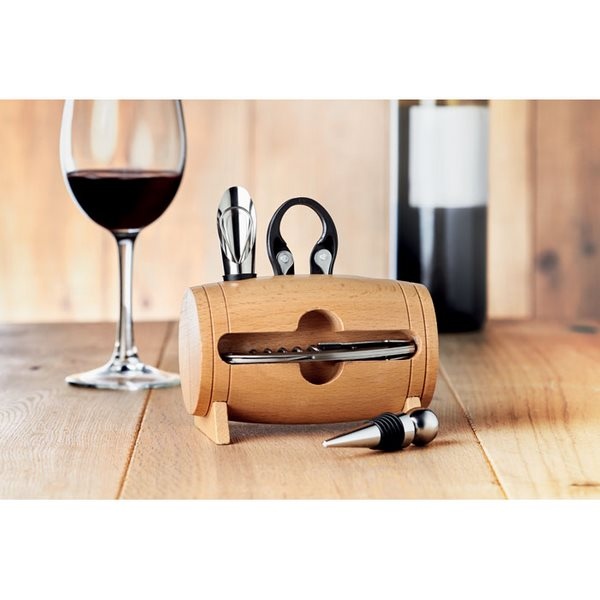 Accessoire pour le vin, coffret sommelier et coffret vin, Cadeau  d'entreprise, 4 accessoires à vin en tonneau personnalisable