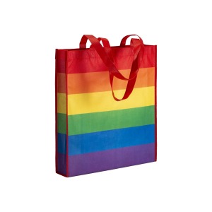Tote bag promotionnel arc-en-ciel en rPET 80g/m², anses longues et soufflet