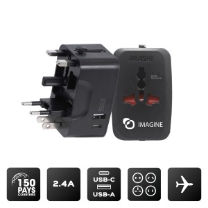 Adaptateur universel publicitaire de voyage avec sorties USB-C et USB-A - Noir