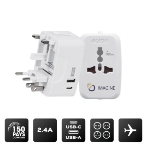 Adaptateur universel personnalisable de voyage avec sorties USB-C et USB-A - Blanc