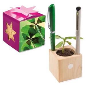 Pot cube boisde bureau en boite star-box - Bulbes de trèfle à 4 feuilles publicitaire