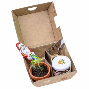 Cofanetto regalo di Natale - Vasi in argilla, Babbo Natale di cioccolato, stampi per albero di Natale e un barattolo di marmellata d'arancia
