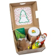 Weihnachtsgeschenkset - Fichtensamenstäbchen, Sternmuscheln, Glas Orangenkonfitüre und Schokoladenweihnachtsmann