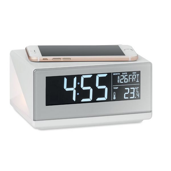 Reloj Despertador Cargador Inalámbrico Alta Gama Termómetro Color Blanco