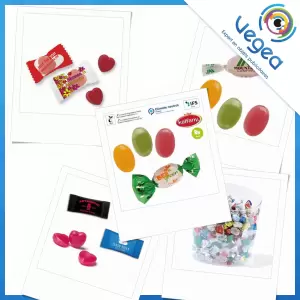 Bonbons publicitaires emballés individuellement en papillote personnalisée avec votre logo | Goodies Vegea