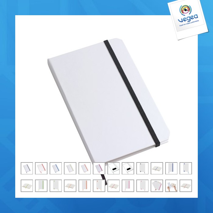 Carnet personnalisable a6 blanc avec élastique en couleur à couverture rigide