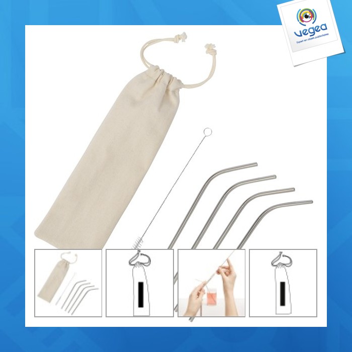 Kit 4 pailles personnalisées en métal avec goupillon