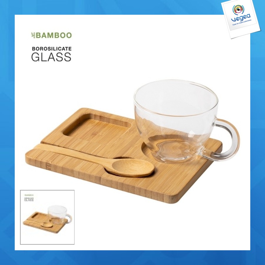 Tasse en verre personnalisable 180ml avec plateau bambou