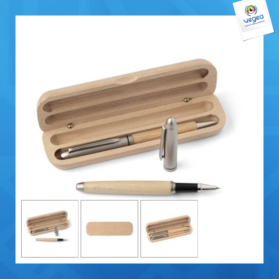 Parure bois avec stylo bille personnalisable et roller en bois