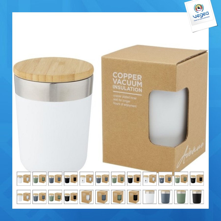 Gobelet publicitaire lagan 300ml acier inoxydable avec isolation par le vide et couche de cuivre, couvercle en bambou