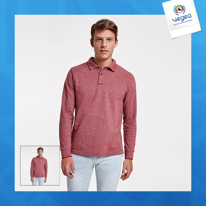 Dylan - polo chiné manches longues, avec patte de boutonnage superposée 2 boutons ton sur ton