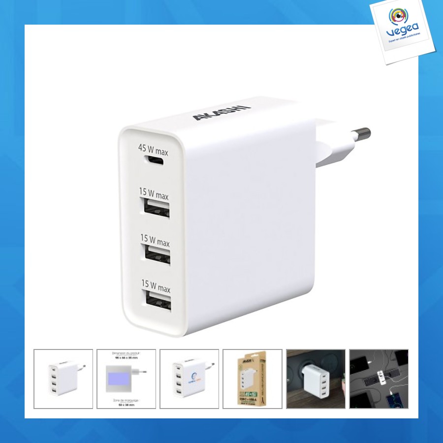 Chargeur publicitaire secteur intelligent 6a - 3 usb et type-c 60w