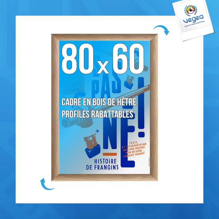 Cadre affichage publicitaire clic-clac mural 80x60cm bois/hêtre