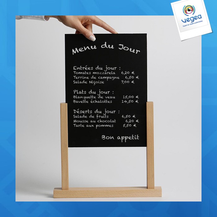Porte-visuel/menu socle bois 2 montants ardoise a5 210x148