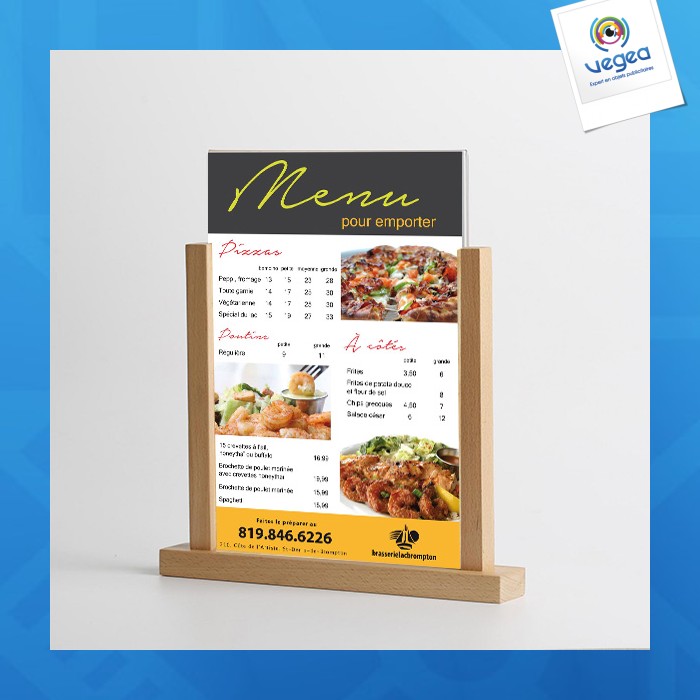 Porte-visuel/menu socle bois 2 montants plexi a6 148x105