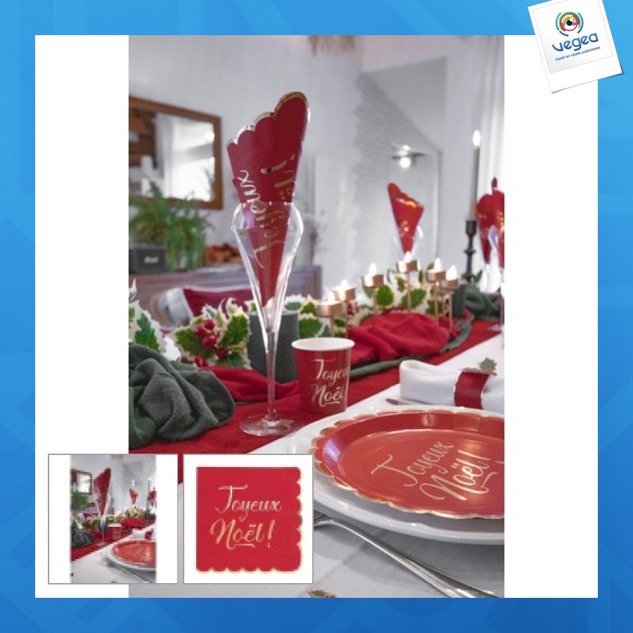 Serviettes festonnees 33x33cm rouges et or joyeux noel x 16
