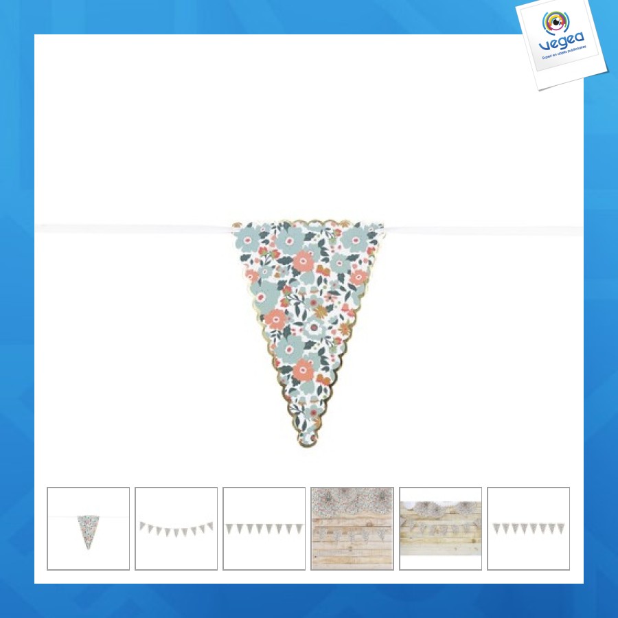 Guirlande fanions fleurs et or 3m