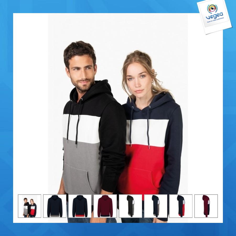 Sweat-shirt tricolore à capuche unisexe