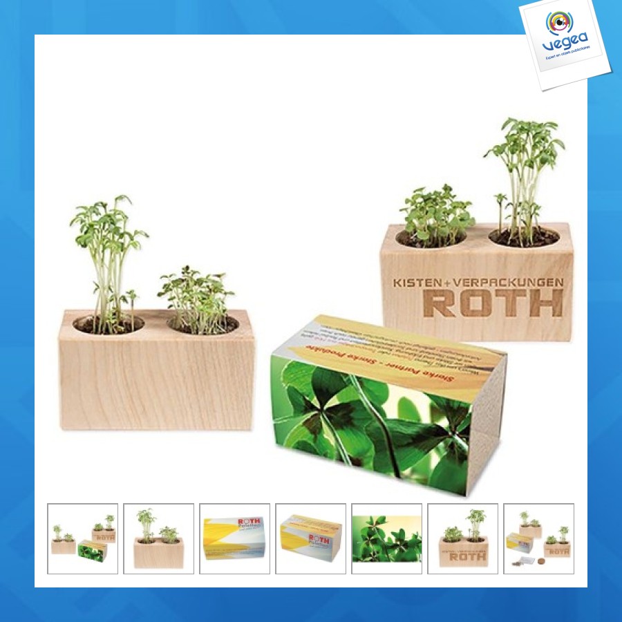Pot bois 2 compartiments - bulbes de trèfle à 4 feuilles personnalisable