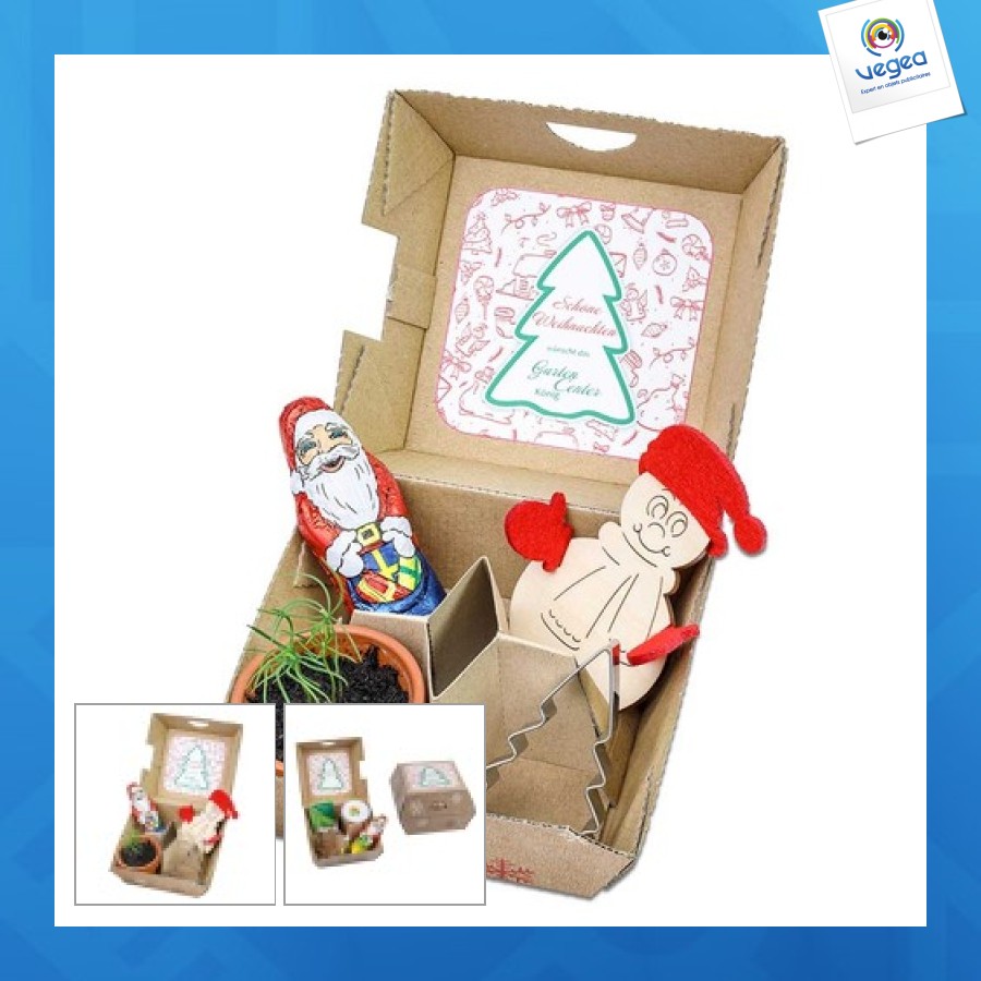 Coffret cadeau de noël - pots en argile, père noël en chocolat, moules pour sapin de noël personnalisable et figurine de bonhomme de neige e