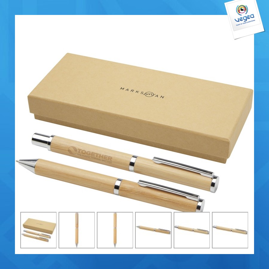 Coffret cadeau stylo bille personnalisable et stylo roller apolys en bambou