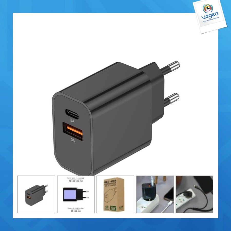 Prise secteur personnalisable usb-c 15w usb-a