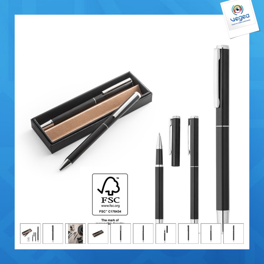 Leah. parure de stylo à bille personnalisable et de roller en aluminium recyclé respectivement 53% et 94% recyclé avec clip
