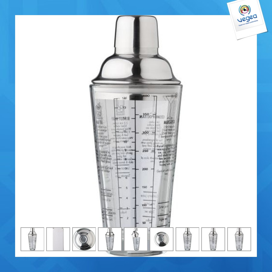 Shaker publicitaire gradué en verre et en inox adela
