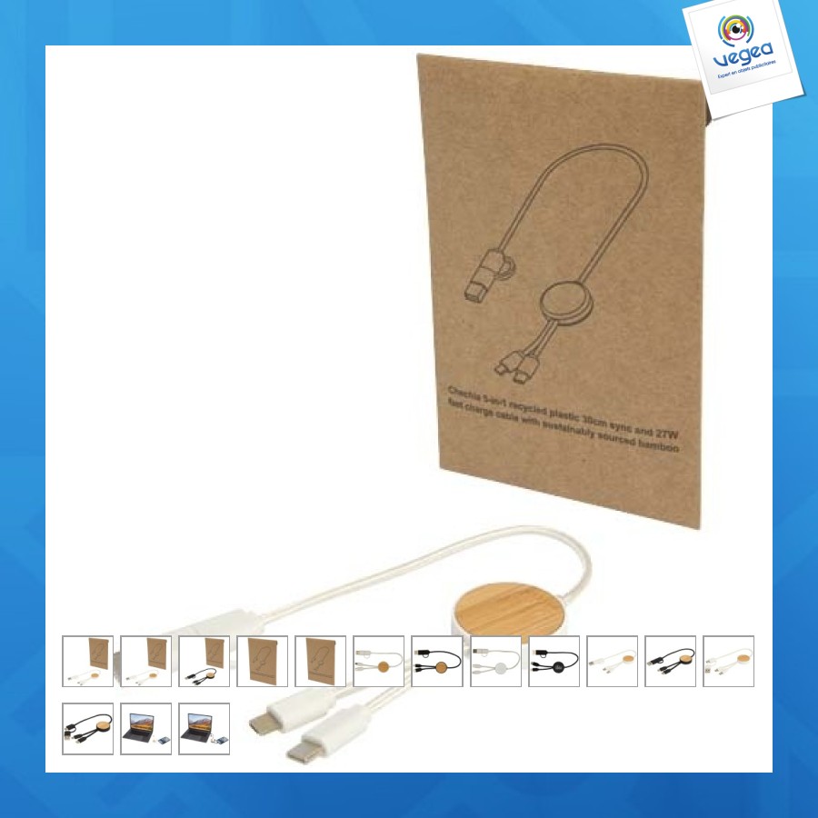 Câble personnalisable 5 en 1 chechia en plastique recyclé de 30 cm pour la synchronisation des données et la charge rapide de 27 w avec dé