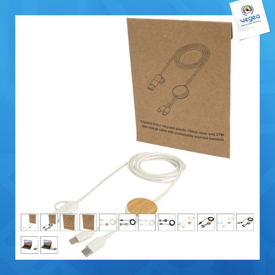 Câble personnalisé 5 en 1 chechia en plastique recyclé de 150 cm pour la synchronisation des données et la charge rapide de 27 w avec d?