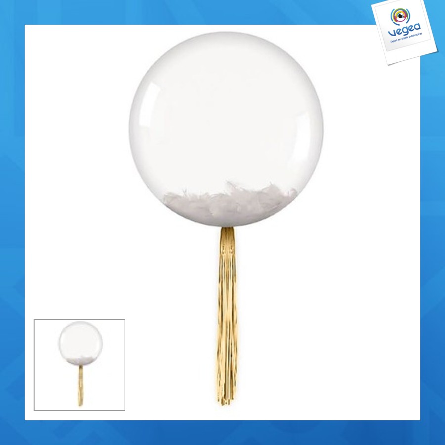 Bubble ballon 40cm avec plumes blanches tassel 45cm foil or