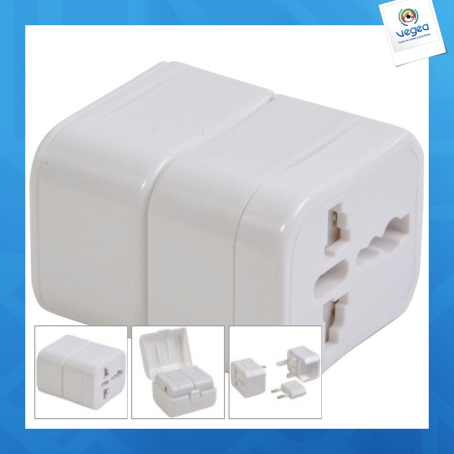 Adaptateur prise universelle avec logo avec poche en plastique. input et output : 100-125v 6a ou 110