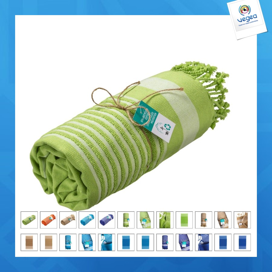 Serviette de plage en coton recyclé style fouta publicitaire de 350g/m²