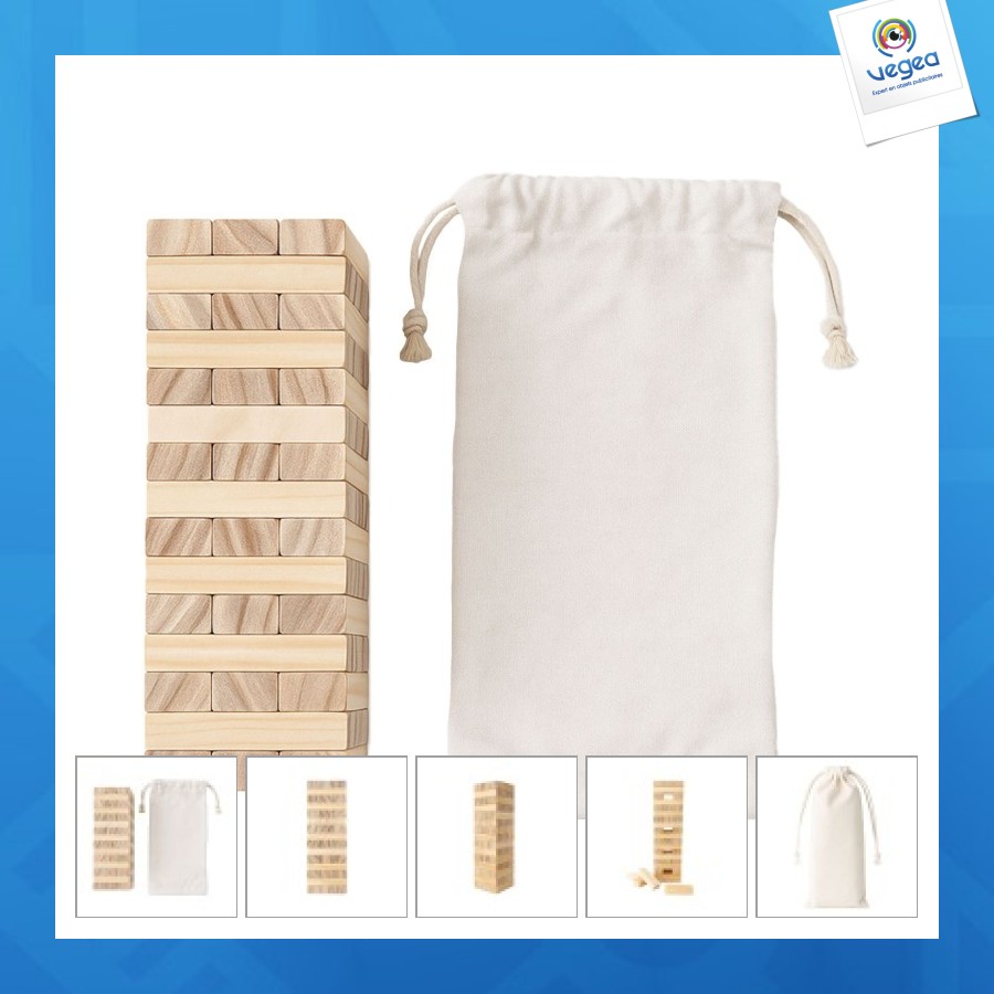 Tour en bois basculante, 54 blocs, avec pochette en coton