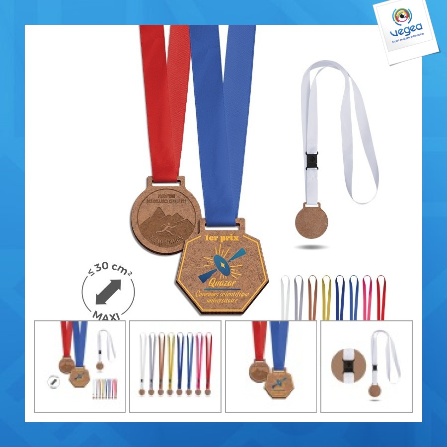 Médaille promotionnelle mdf épaisseur 3mm maxi 30cm² avec cordon satin