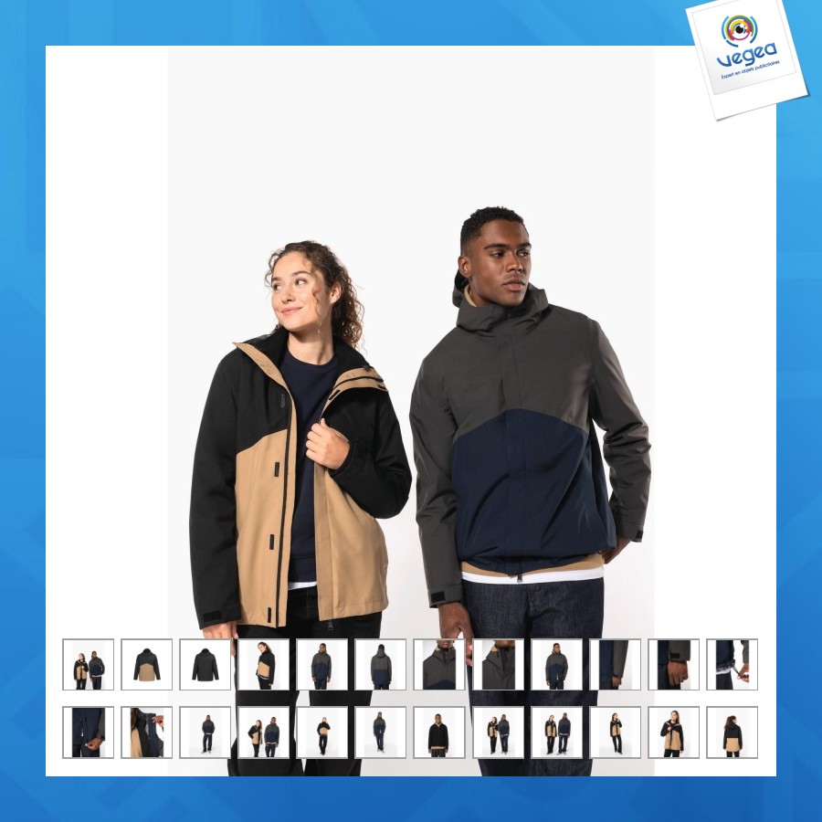 Parka personnalisable 3-en-1 imperméable à capuche bicolore unisexe
