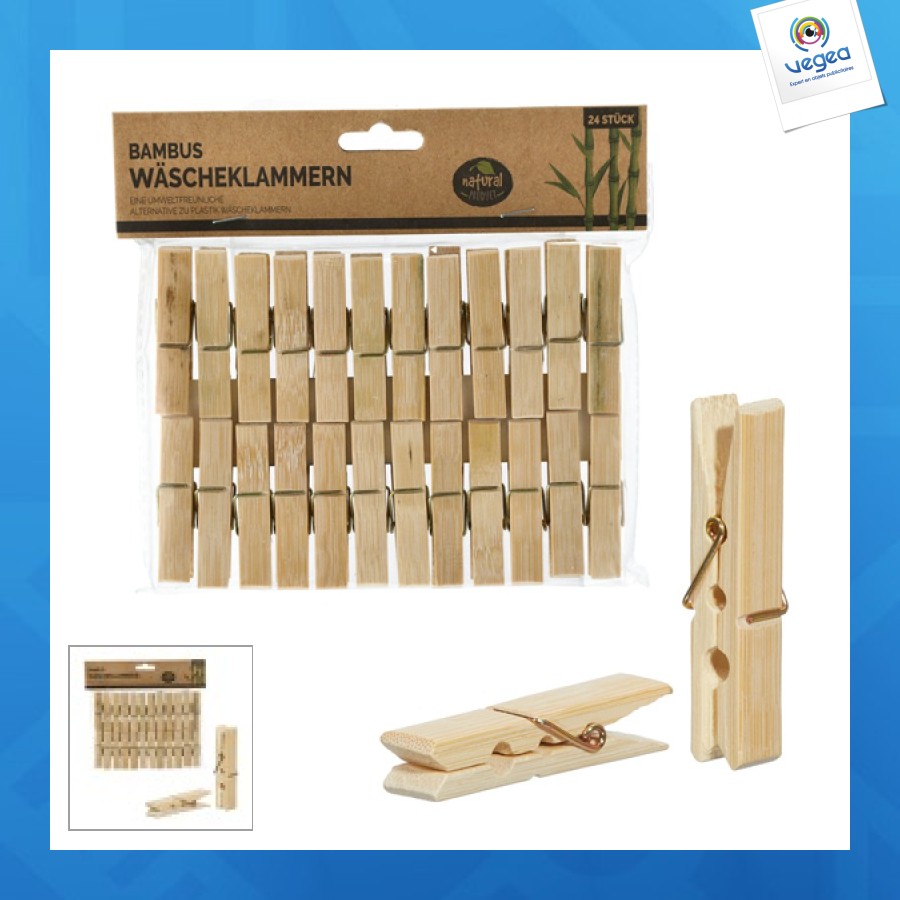 Pince à linge personnalisable en bambou naturel, lot de 24