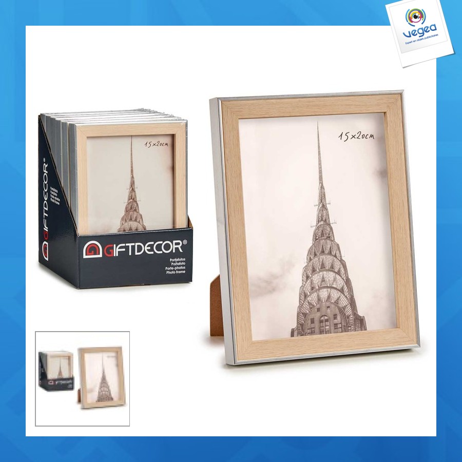 Cadre photo avec logo argenté couleur bois 15x20cm