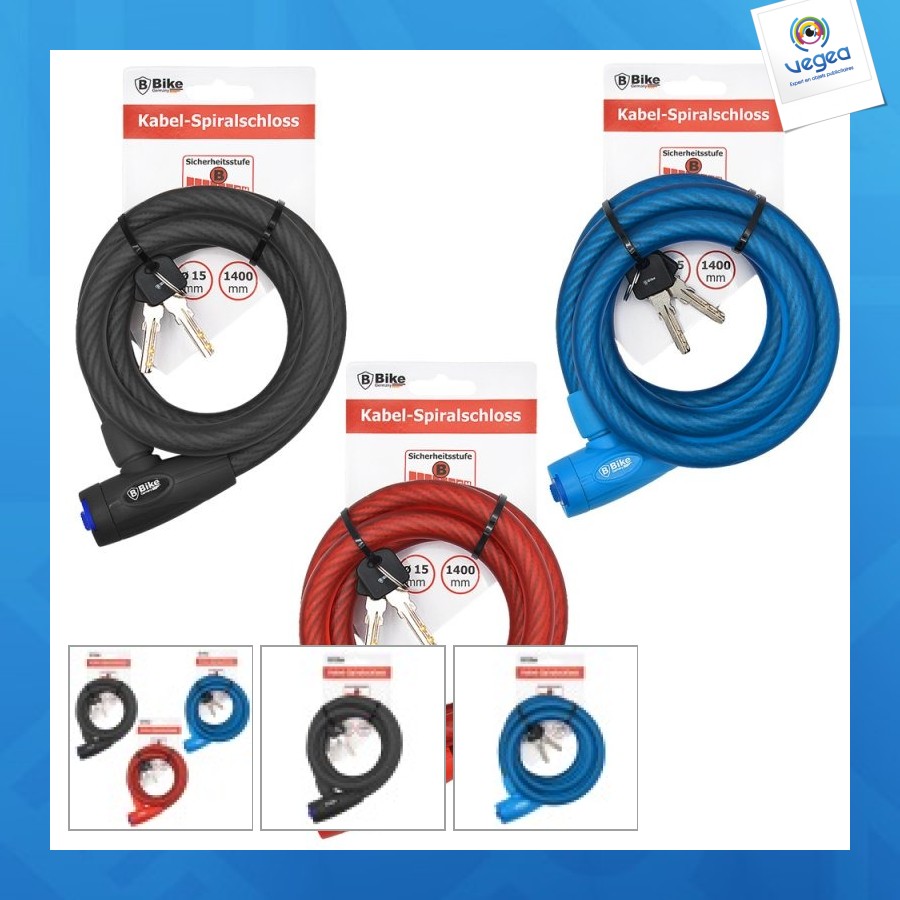 Antivol promotionnel spiralé pour vélo 15x1400mm - assortime