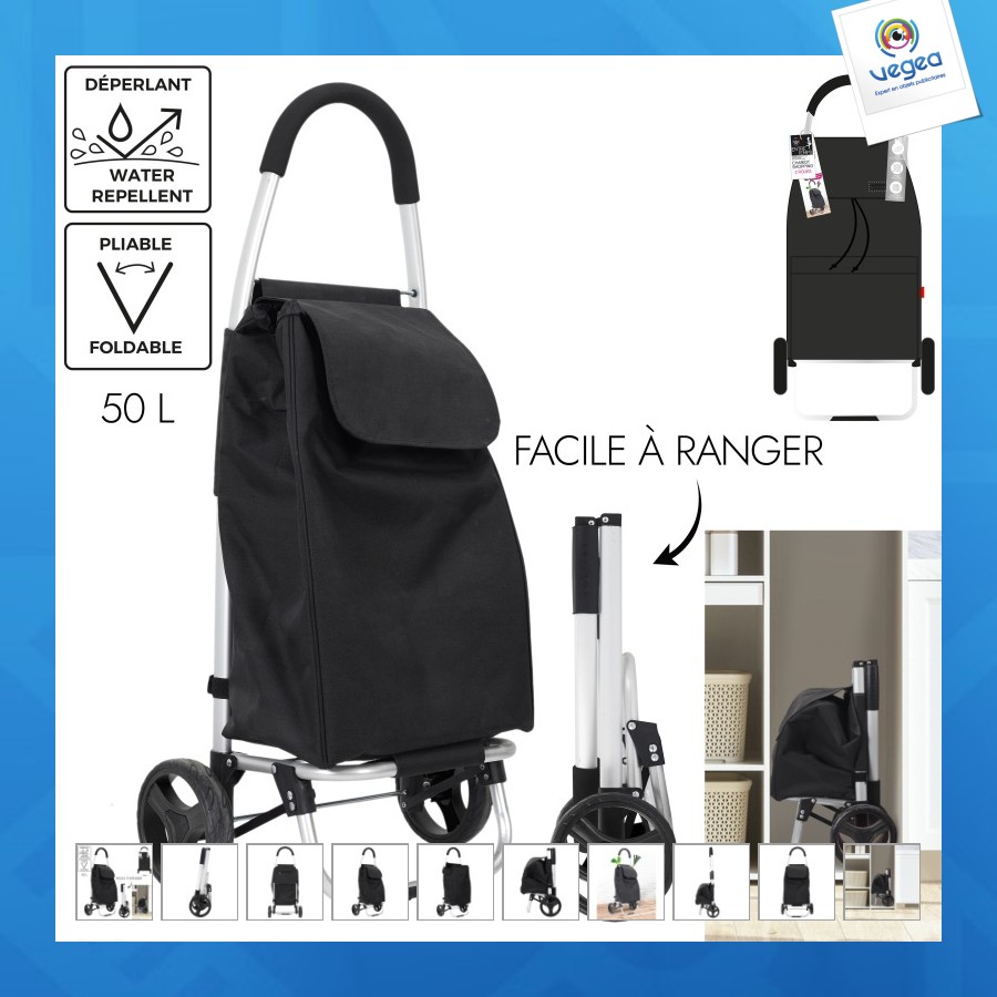 Chariot promotionnel shopping pliable alu gain de place 39l