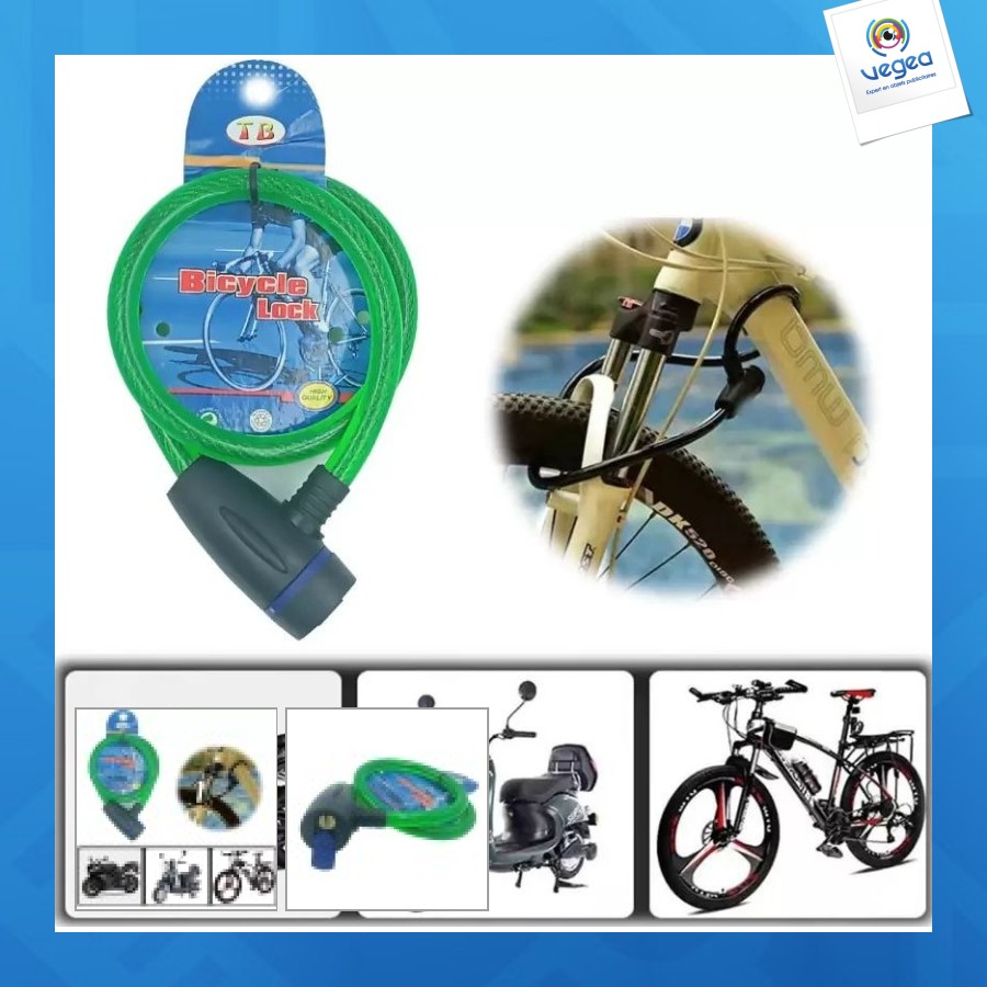 Câble antivol publicitaire pour vélo, longueur du câble 150cm
