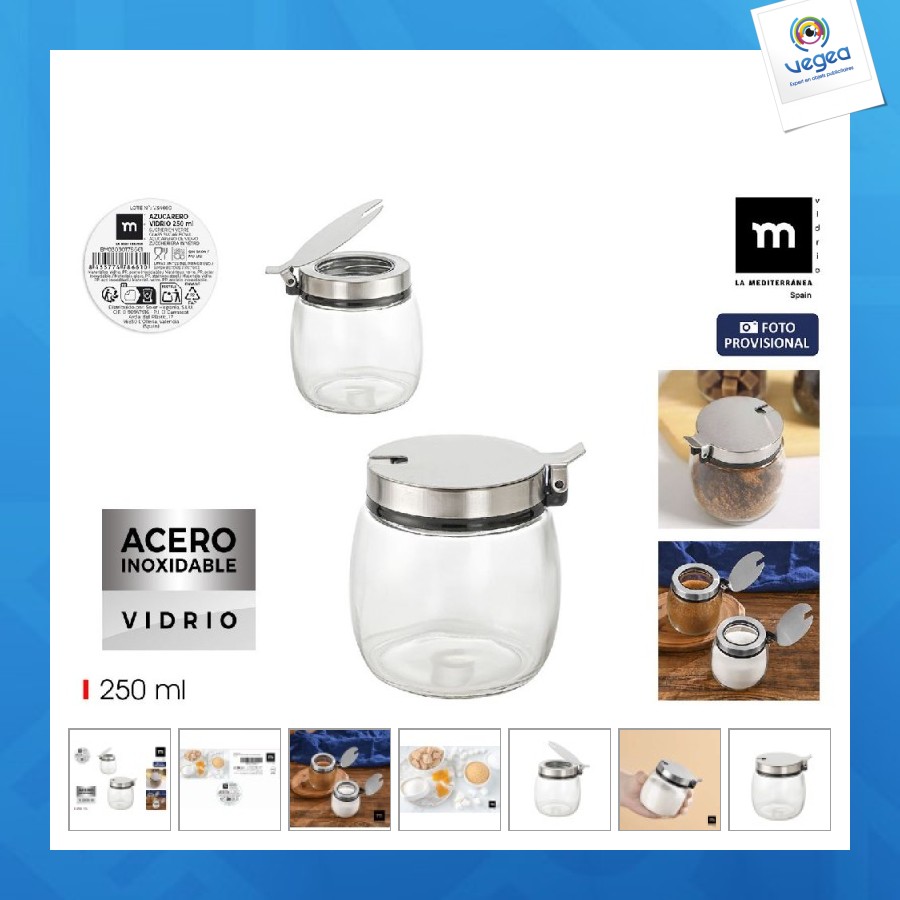 Sucrier publicitaire en verre avec couvercle en acier 250ml