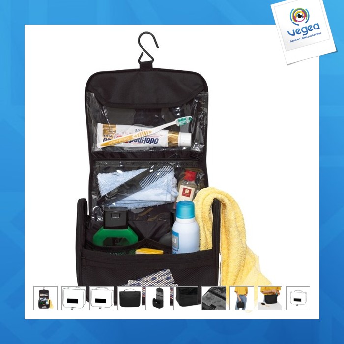 Bolsa de aseo plegable con 3 compartimentos para colgar personalizable |  Bolsas de baño | Los alrededores del viaje | Objeto publicitario