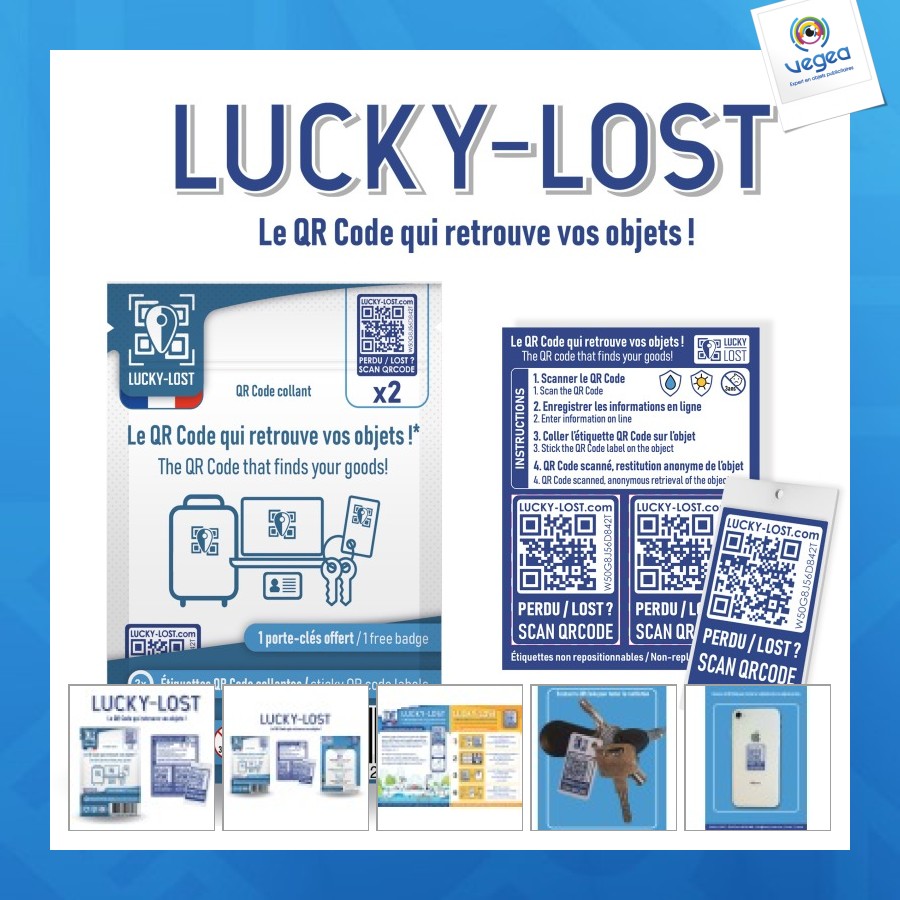 Pack lucky-lost 2 códigos qr adhesivos y 1 tarjeta de pvc de regalo Hecho en Francia