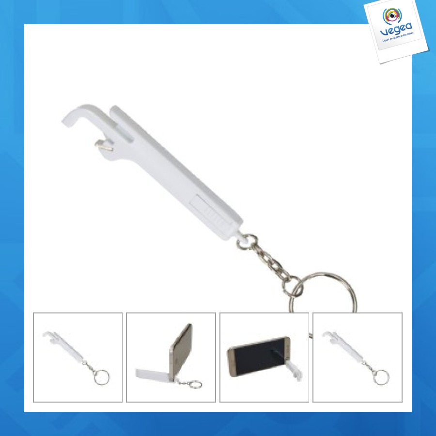 Porte-clé lumineux LED avec décapsuleur et support smartphone
