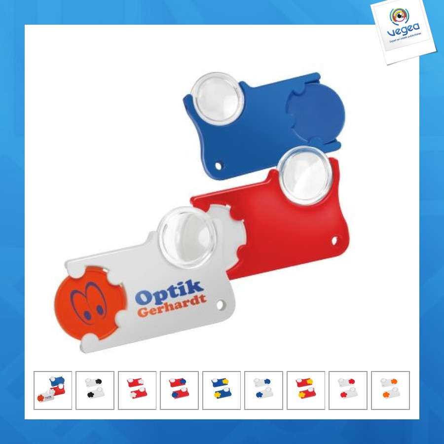 Porte-clés jeton1€ avec loupe avec logo Porte-clés jeton1€ avec loupe avec logo