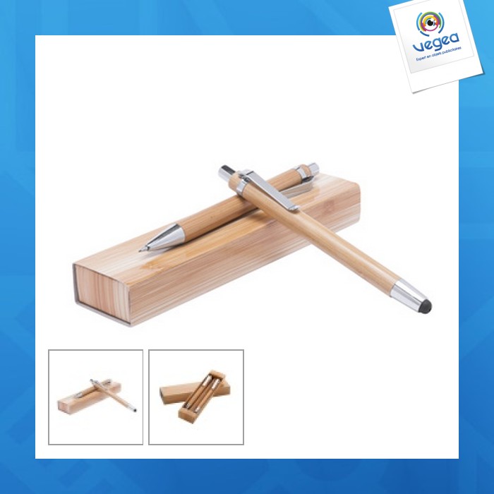 Set stylo à bille personnalisé stylet et porte-mine en bambou heleon