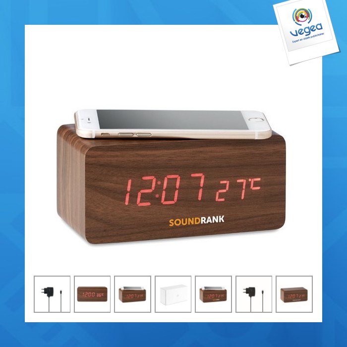 Wooden alarm clock with wireless charger clock and clockwork